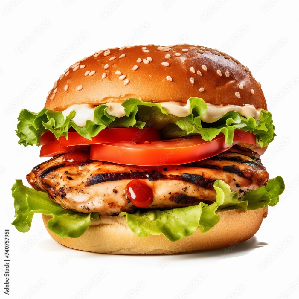Grilled Chicken Burger with Lettuce and Tomato on White Background, Grilled Chicken Burger on White, Grilled Chicken Sandwich on White, Grilled Chicken Hamburger, isolated on white, easy to cut out
Grilled Chicken Burger with Lettuce and Tomato on White Background, Grilled Chicken Burger on White, Grilled Chicken Sandwich on White, Grilled Chicken Hamburger, isolated on white, easy to cut out