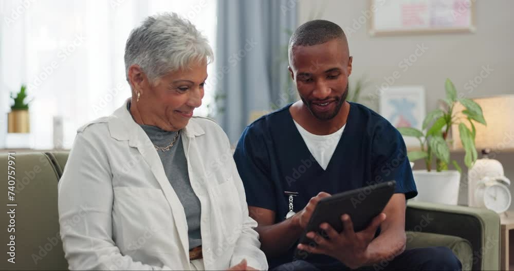 Old woman, man and tablet, nurse with patient for healthcare and medical information or help with social media. Support, African caregiver for elderly care and tech, telehealth and how to work app