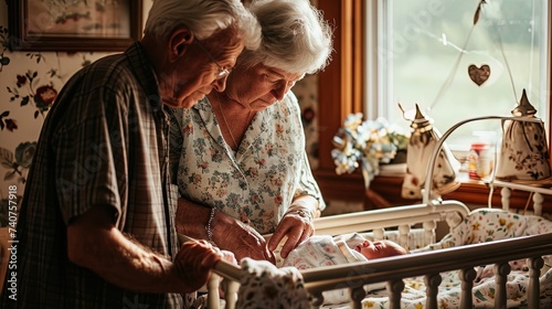 Happy grandfather and grandmother look at a newborn baby In room at home. Generations of the family