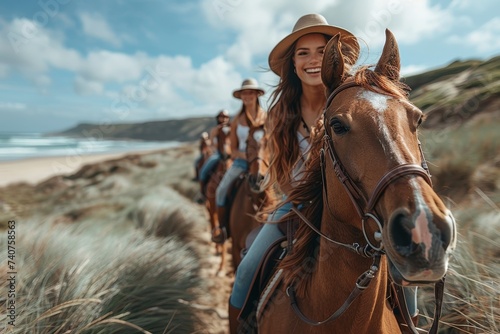 Amidst the golden glow of the setting sun, a posse of fearless cowgirls galloped along the shore, their trusty steeds adorned with gleaming horse tack and flowing manes, as they reveled in the freedo photo