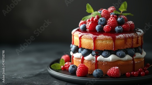 Beautiful cake with berries on black table, close up view, copy space for text