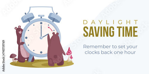 Daylight saving time end concept. Fall back banner, poster. Vector illustration with bears turning alarm clock hand an hour backward.