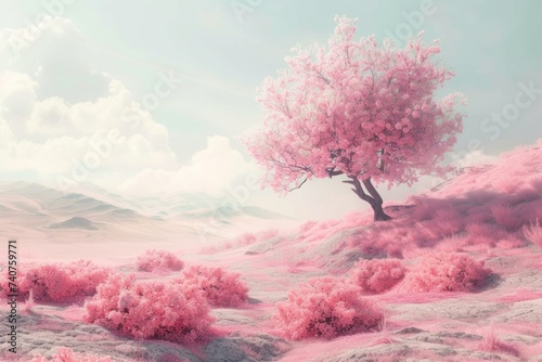 A tree with pink flowers stands on a pink plain. Spring colors