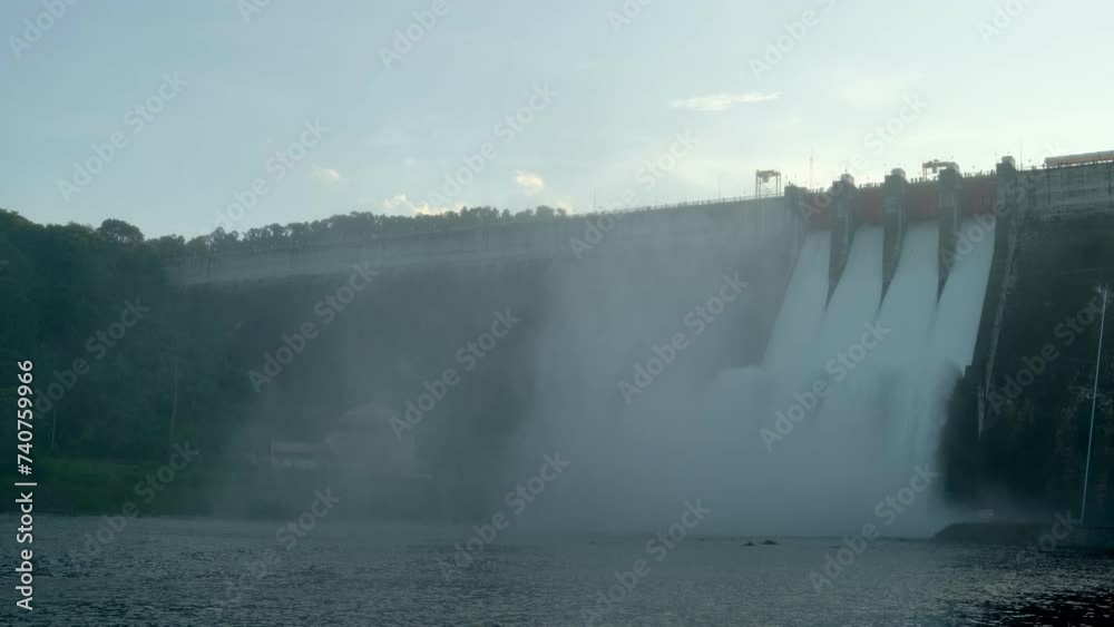 A large dam is draining because of heavy rain. The amount of water in the dam is too high. A large dam is draining because of heavy rain. The amount of water in the dam is too high.