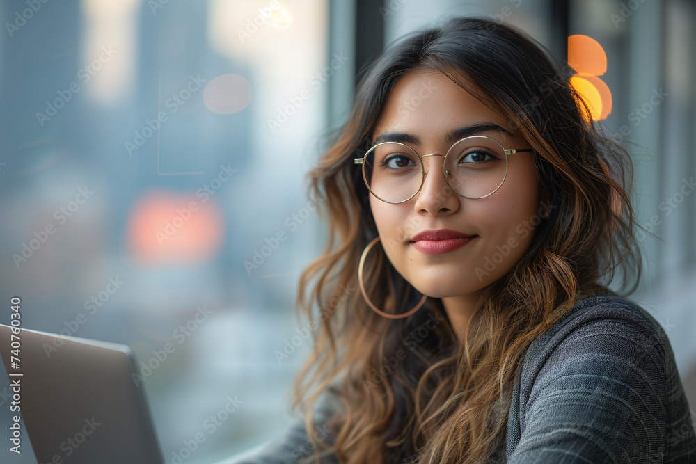A young woman with glasses confidently looks at the camera, with a laptop and city backdrop. A young woman with glasses confidently looks at the camera, with a laptop and city backdrop.