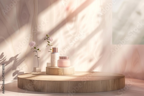 Skin care products on a wooden podium with bright lighting on a pastel background photo