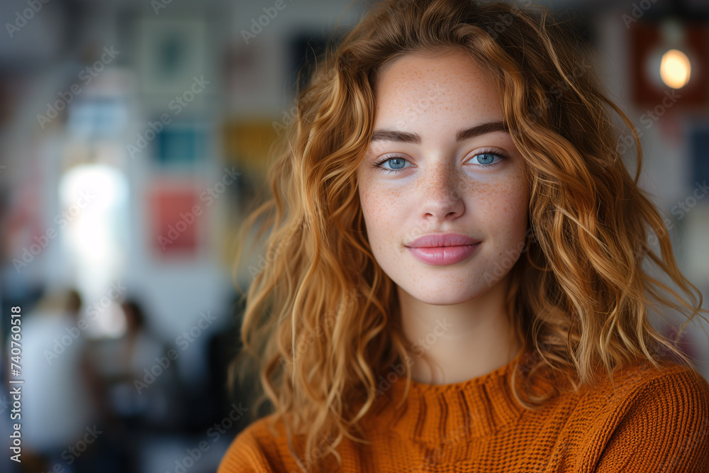 Woman with lush curls and a vivacious smile, in casual business attire, with a backdrop of engaged colleagues. Woman with lush curls and a vivacious smile, in casual business attire, with a backdrop of engaged colleagues.