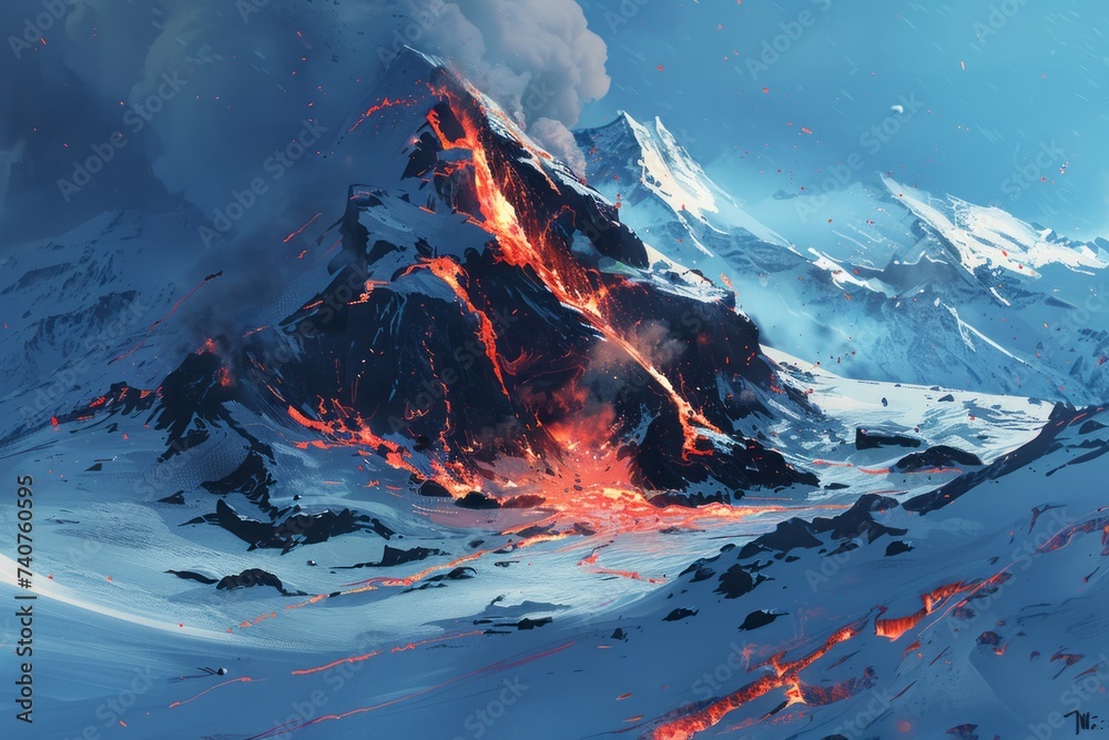 Lava from an awakened volcano covers snow fields - obrazy, fototapety, plakaty 