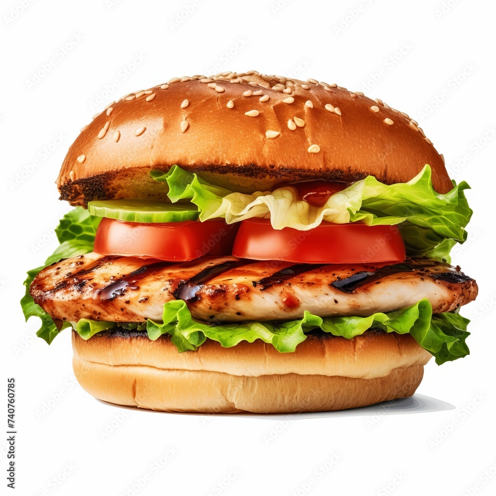 Grilled Chicken Burger with Lettuce and Tomato on White Background, Grilled Chicken Burger on White, Grilled Chicken Sandwich on White, Grilled Chicken Hamburger, isolated on white, easy to cut out
Grilled Chicken Burger with Lettuce and Tomato on White Background, Grilled Chicken Burger on White, Grilled Chicken Sandwich on White, Grilled Chicken Hamburger, isolated on white, easy to cut out