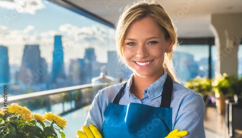 professional woman cleaner portrait in blue apron, office and home housekeeping and cleaning service 