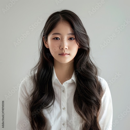 formal id photo of a korean woman in her mid-20s in formal white shirt with black short hair, stylish and cute look with softly rounded face, big sized black eyes, vive of warm photo