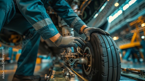 Close-up of an aviation engineer’s hands adjusting components of a commercial airplane’s landing gear in the spacious aircraft repair factory.