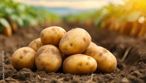 Ripe potatoes on ground in plant field