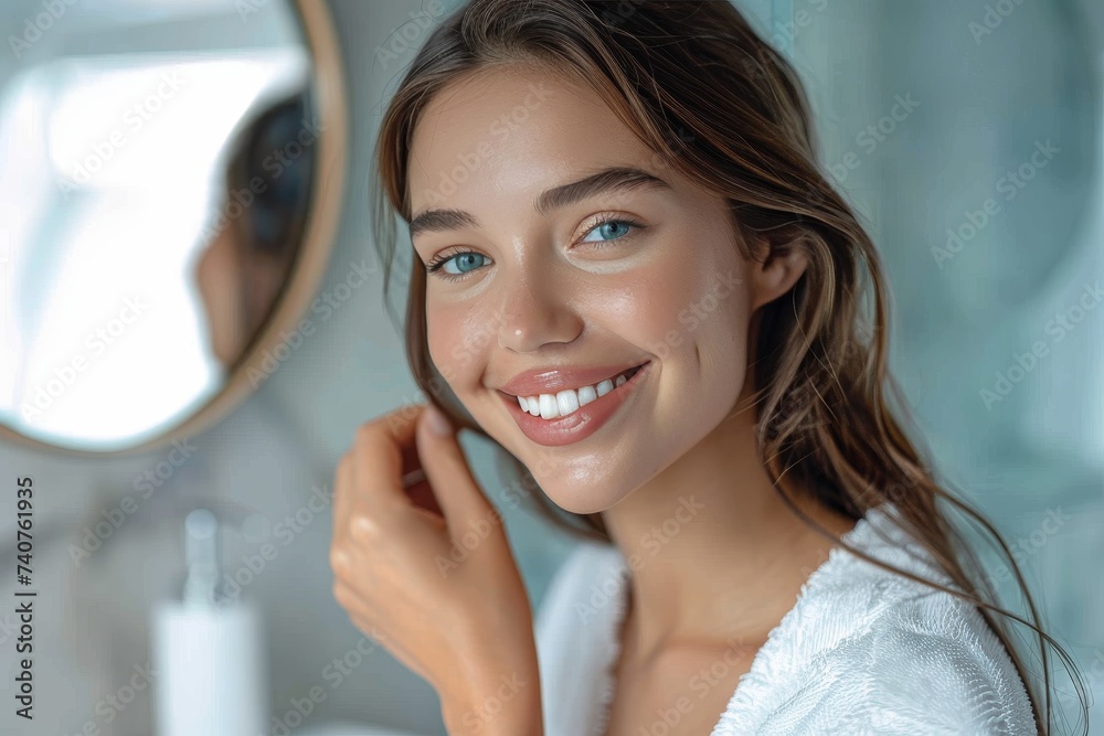 A lady radiates joy as she showcases her flawless skin and perfectly applied makeup, posing confidently in front of a wall adorned with a reflective mirror