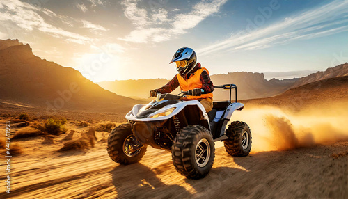 Side view of an off road vehicle quad racing fast in a desert area at sunset or sunrise. ATV 4x4, All Terrain Vehicle. Generative Ai.