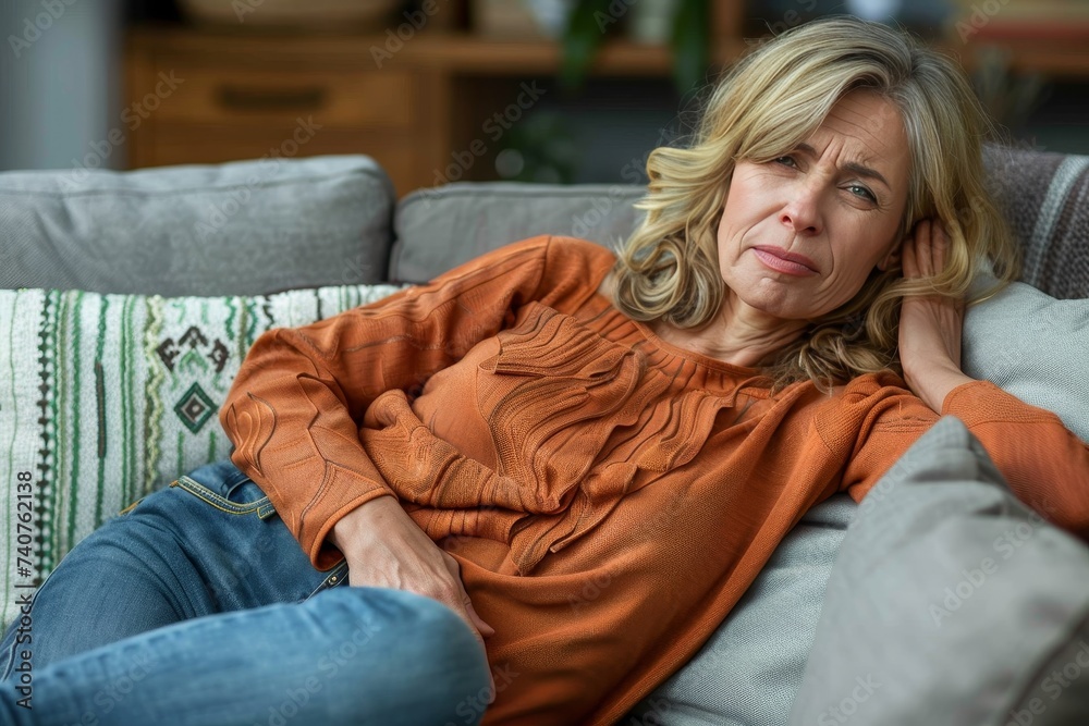 Obraz premium A smiling woman sits comfortably on a couch, her face radiating joy as she lounges in her indoor oasis