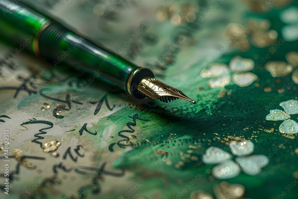 Calligraphy using green fountain pens to write Irish blessings. Concept Calligraphy, Green