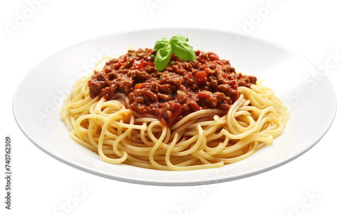 White Plate With Spaghetti and Meat. A white plate is filled with a generous serving of spaghetti topped with savory meat sauce. on White or PNG Transparent Background.