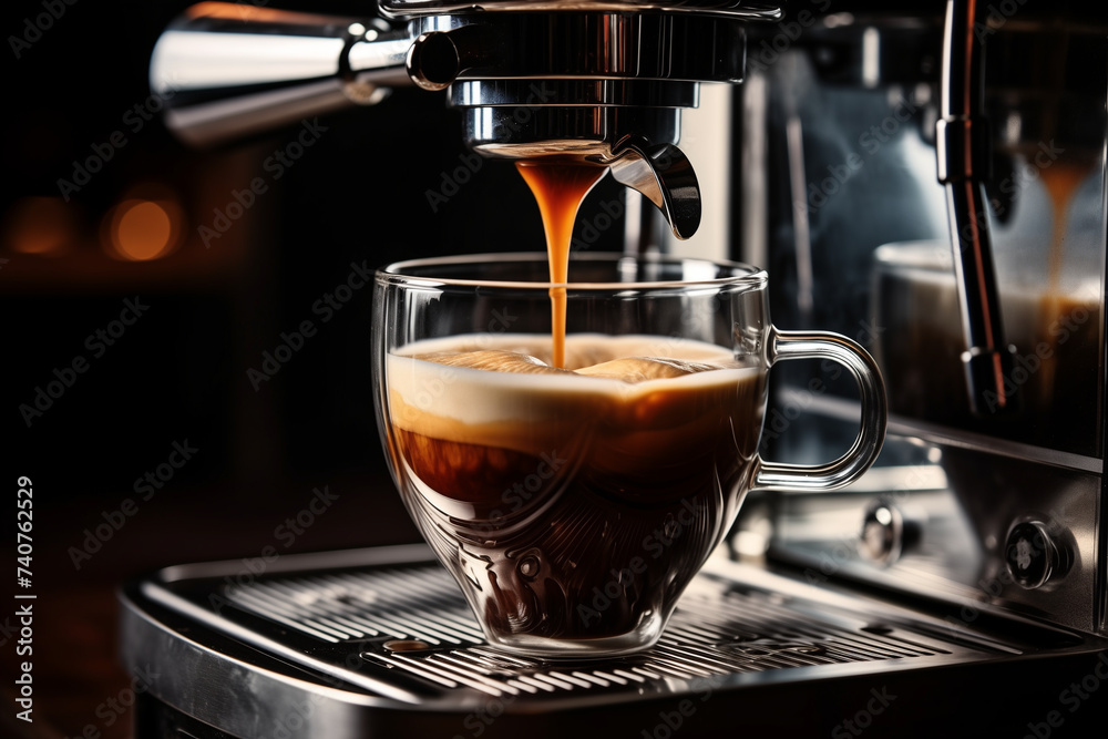 Fototapeta premium Coffee espresso from coffee machine pour in white cup. Making black coffee with foam
