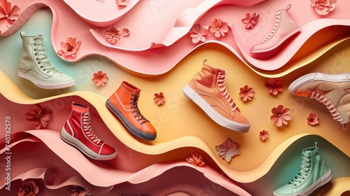 A 3d paper crafted background with sketches of boots, sneakers, and high heels. The text space can be in the shape of a shoe photo