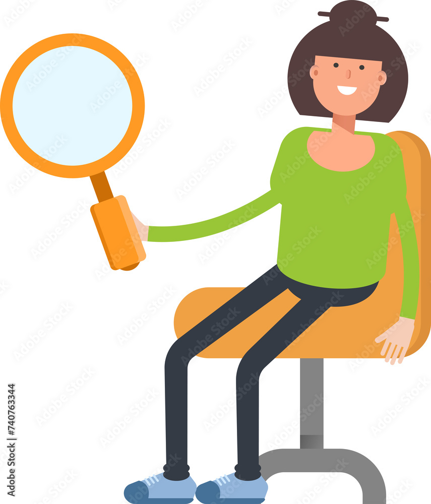 Asian Woman Character Sitting and Holding Magnifier
Asian Woman Character Sitting and Holding Magnifier