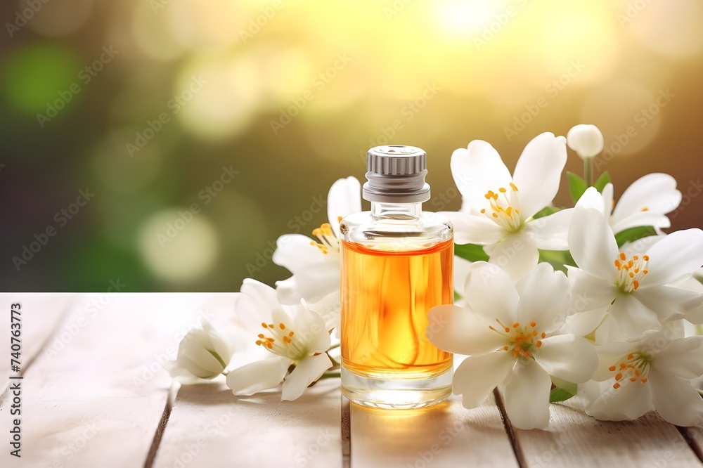 Jasmine essential oil in a glass bottle on a background of jasmine flowers on a wooden table Jasmine essential oil in a glass bottle on a background of jasmine flowers on a wooden table