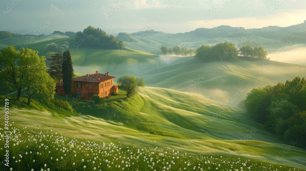 Obraz premium Amazing spring landscape with green rolling hills and farm houses in the heart of Tuscany in morning haze, generate AI