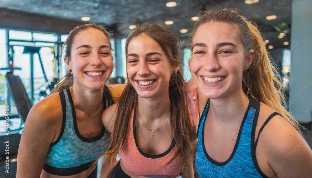 Fun in fitness clothing Three female friends laughing happily