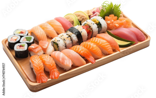Assorted Sushi on a Wooden Tray. A wooden tray filled with a variety of sushi rolls and nigiri, showcasing a mouthwatering assortment of fresh fish, rice, and vibrant flavors.