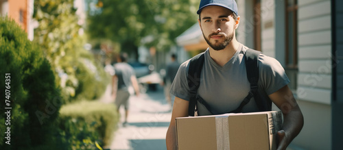 A courier with a cardboard box in his hands and in a uniform. delivery of groceries and purchases from the store. a student on a part-time job as a courier photo