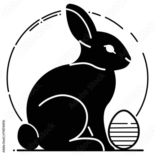 Coelho com ovo de páscoa em desenho minimalista. Coelho de páscoa em preto com contornos brancos photo