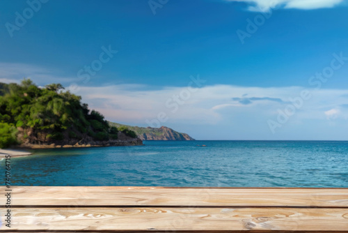 wooden table for display product, tables of wood for showing goods, empy surface, tropical beach landscape on the background