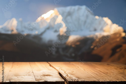 wooden table for display product, tables of wood for showing goods, empy surface, mountains landscape on the background