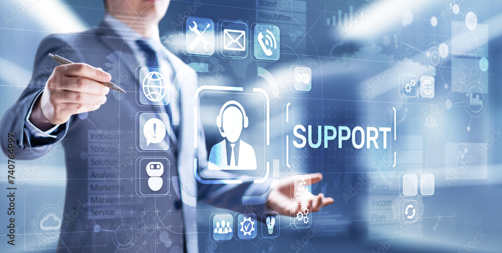 Support button on virtual screen. Customer service and communication concept. Support button on virtual screen. Customer service and communication concept.