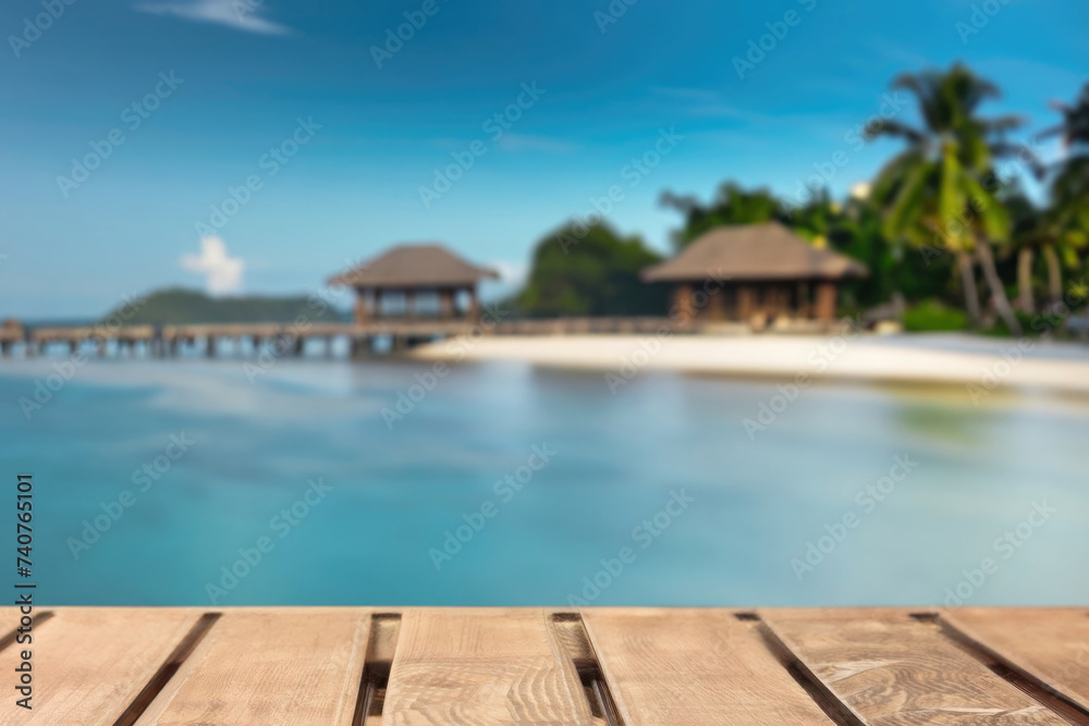 wooden table for display product, tables of wood for showing goods, empy surface,  tropical beach landscape on the background