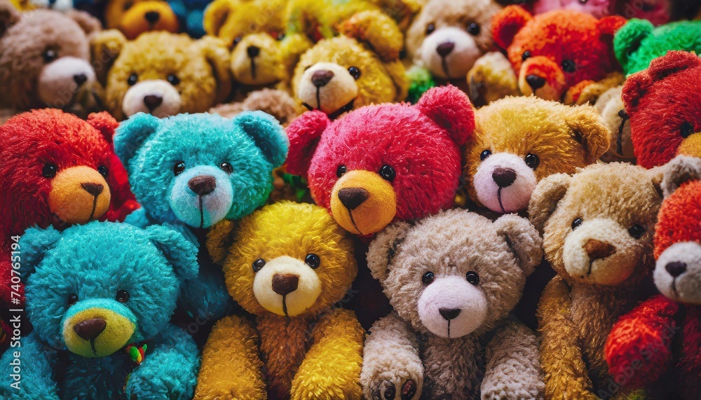 Full frame image of many colorful teddy bears squeezing each other and squinting Full frame image of many colorful teddy bears squeezing each other and squinting