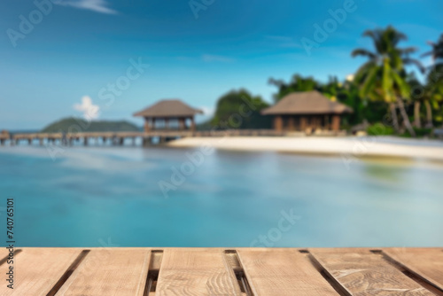 wooden table for display product, tables of wood for showing goods, empy surface, tropical beach landscape on the background