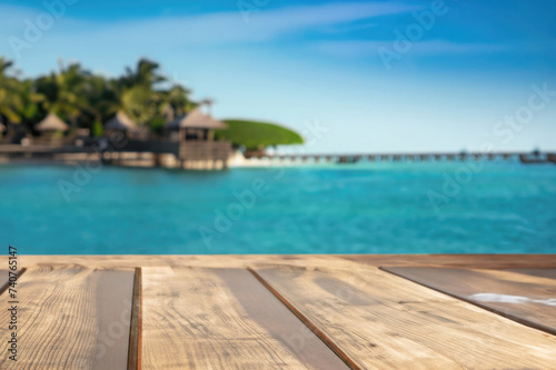 wooden table for display product  tables of wood for showing goods  empy surface   tropical beach landscape on the background