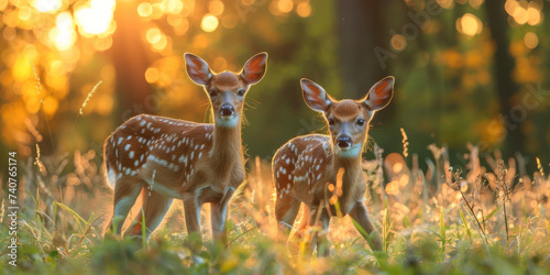 Fawns in Golden Hour Meadow. Two young deer standing in sunlit field with forest backdrop.