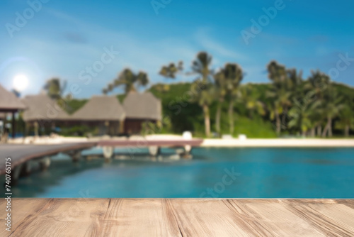 wooden table for display product  tables of wood for showing goods  empy surface  mountains landscape on the background