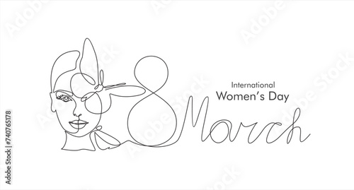 International women's day greeting card. Woman face with butterfly in one continuous line drawing. Abstract female portrait in simple linear style. Doodle Vector illustration for 8 march	