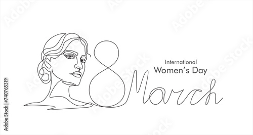 International women s day greeting card. Woman face in one continuous line drawing. Abstract female portrait in simple linear style. Vector illustration for 8 march  
