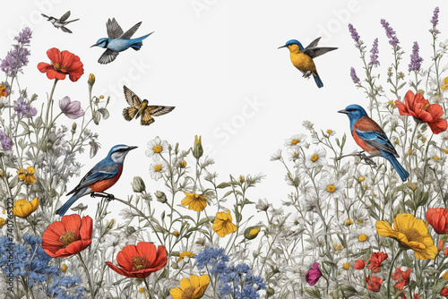 Color Hand drawn blooming flowers  butterflies  birds on blank background. Color floral composition in vintage style. Generative Ai