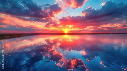image of a vibrant sunset over a serene lake, with colorful reflections shimmering on the water, generate AI