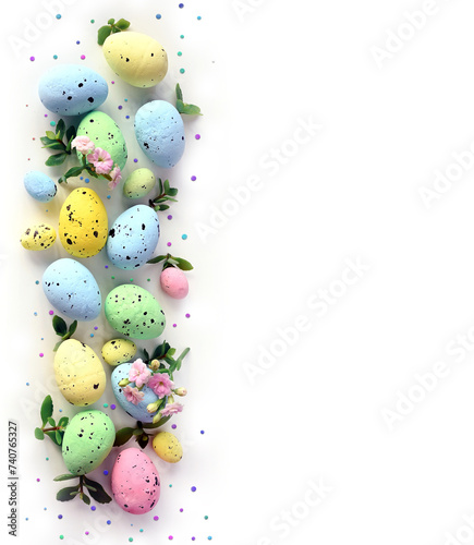 Collection of stylish colors eggs with flowers for Easter celebration on white background. Holiday concept.