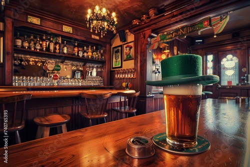 A wooden bar in an Irish pub creating an authentic St Patricks Day ambiance. Concept Irish Pub Vibe, Wooden Bar, St, Patrick's Day Decorations