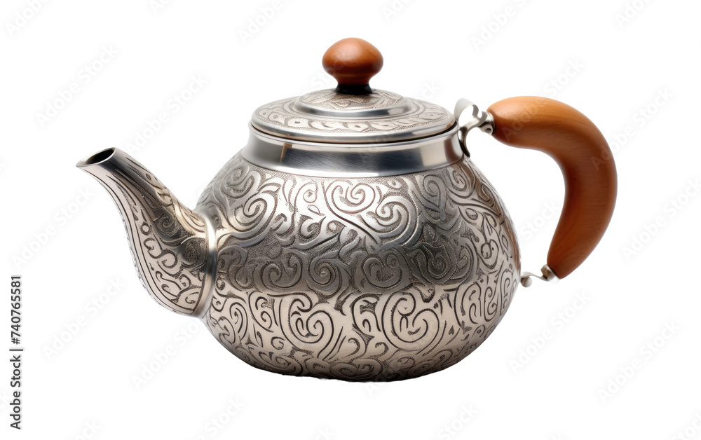 Silver Tea Pot With Wooden Handle. A silver tea pot with a wooden handle sitting on a table. on White or PNG Transparent Background. Silver Tea Pot With Wooden Handle. A silver tea pot with a wooden handle sitting on a table. on White or PNG Transparent Background.