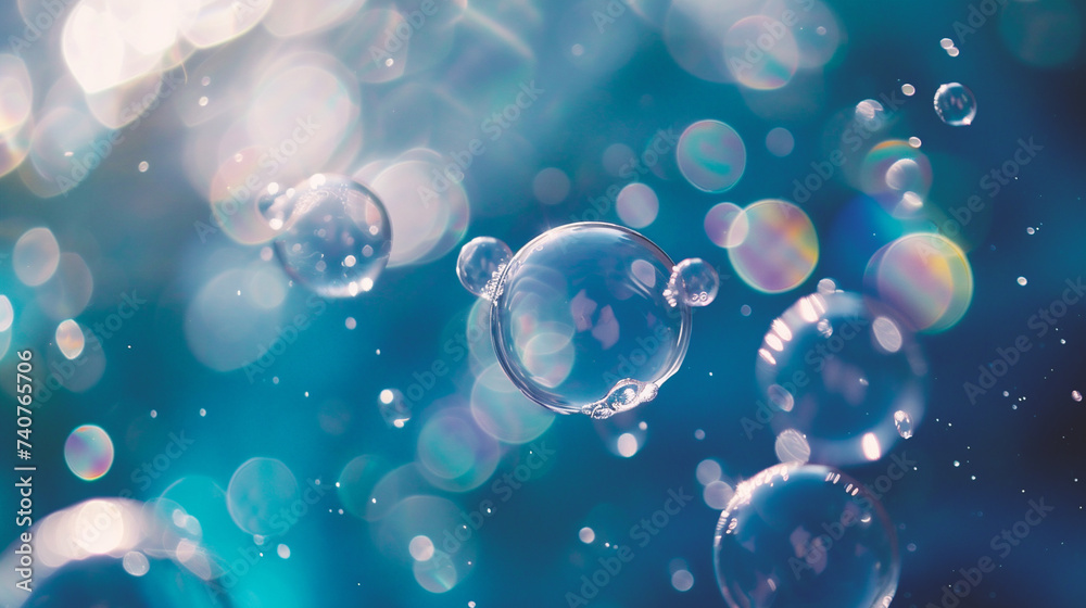 Bubbles on a blue background with bokeh effect.