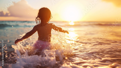 Adorable little girl playing on the beach at the sunset time. Kid having fun outdoors. Concept of friendly family.