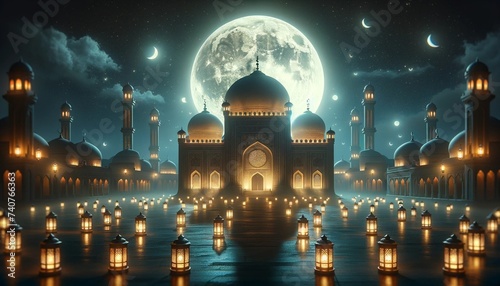 mosque at night seen, mosque with latern, ramzan concept photo